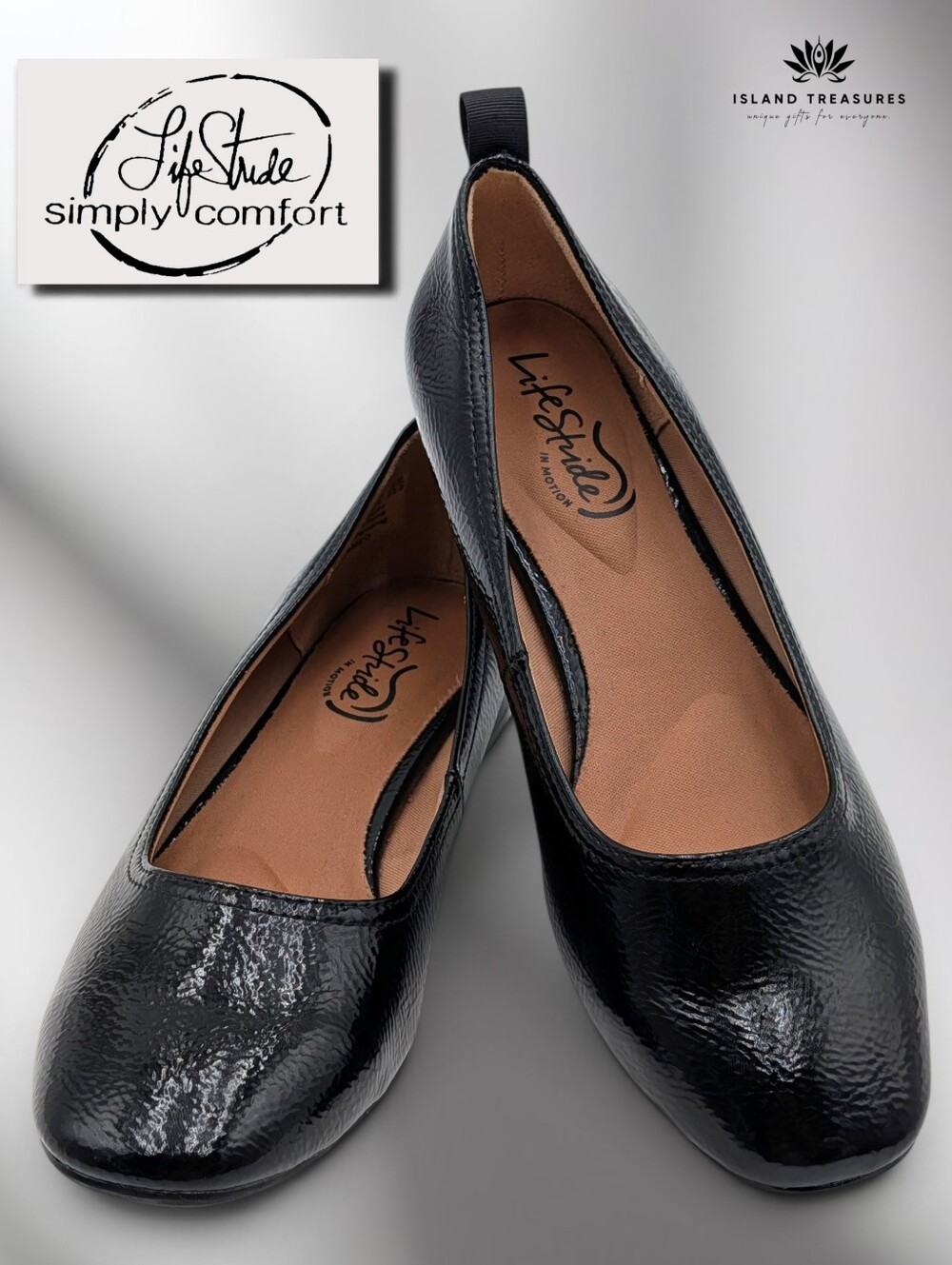 Life Stride Simply Comfort Cameo Sz 6.5M Womens Black Glossy Block Heel Pump
